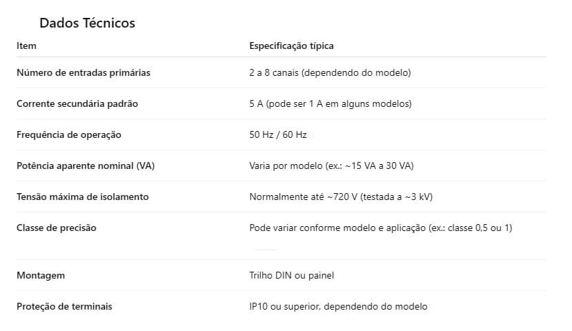 Dados Técnicos - Transformador de Corrente Tipo Somador