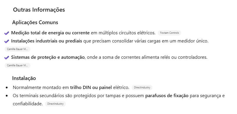 Outras Informações - Transformador de Corrente Tipo Somador